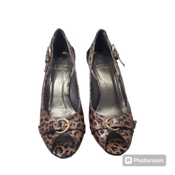 Stuart Weitzman Patent Chatup Cashew lacquer Leather Peep Toe Heel Pump Size 7 M - Picture 7 of 13
